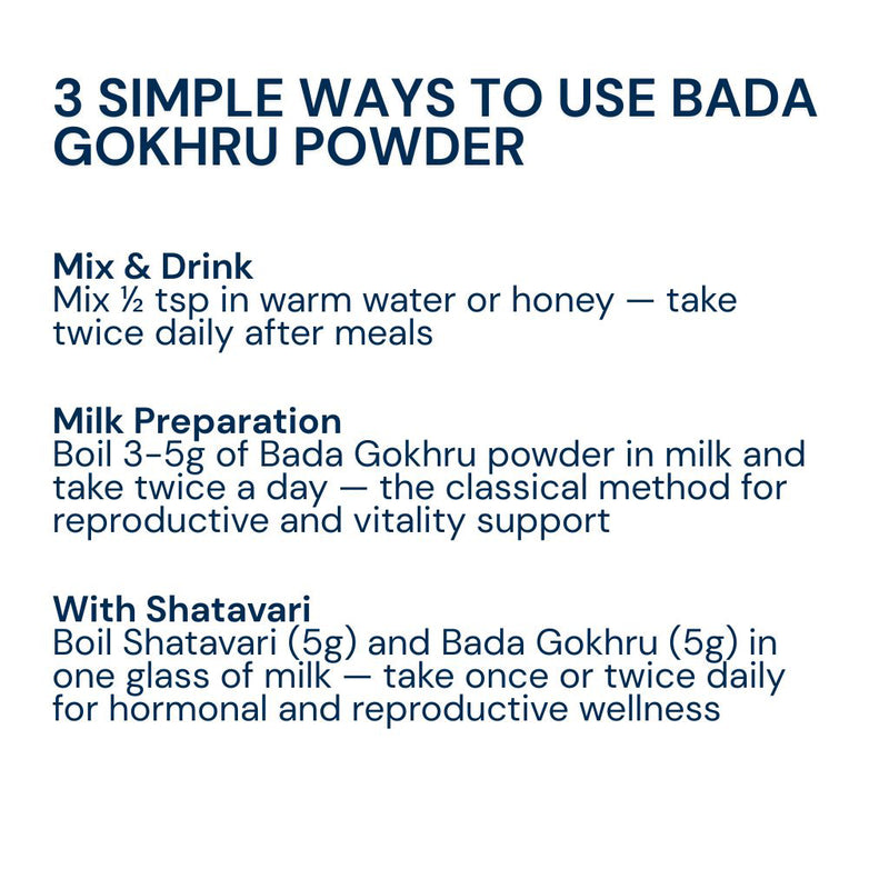 Triphal Bada Gokhru Powder — mix in water, boil in milk, or combine with Shatavari daily