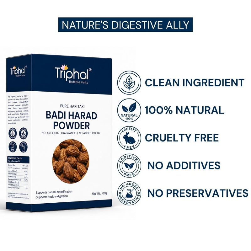 Triphal Badi Harad Powder made with pure Haritaki, clean ingredients and no artificial additives