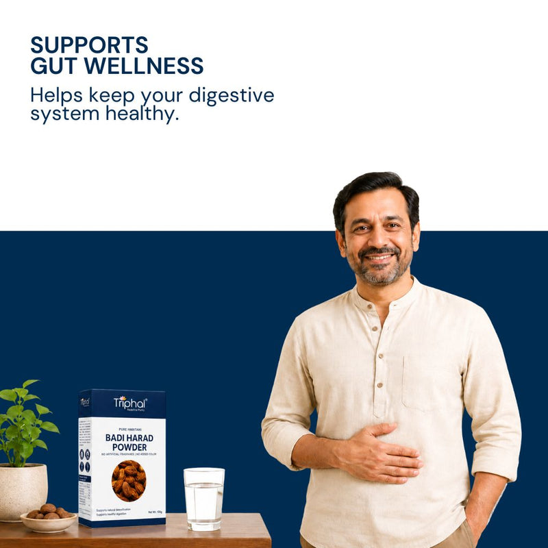 Triphal Badi Harad Powder supporting healthy digestion, gut comfort, and digestive wellness daily