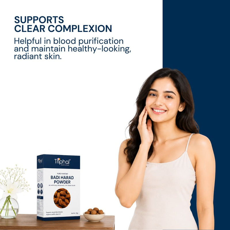 Triphal Badi Harad Powder supporting healthy skin, natural detoxification and a clear complexion