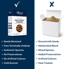 Triphal Badi Harad Powder vs ordinary brands — pure Terminalia chebula, seed removed and free from artificial additives