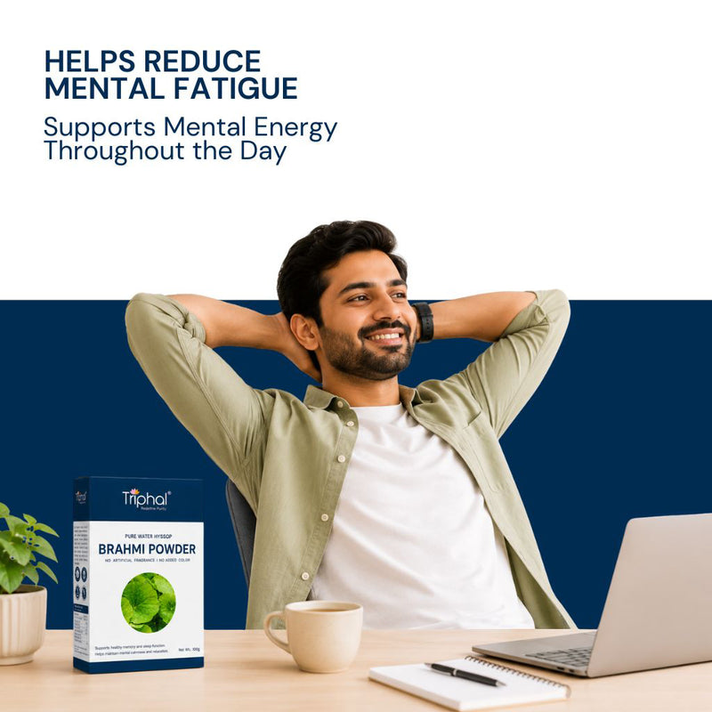 Triphal Brahmi Powder supporting mental energy and focus for better work productivity