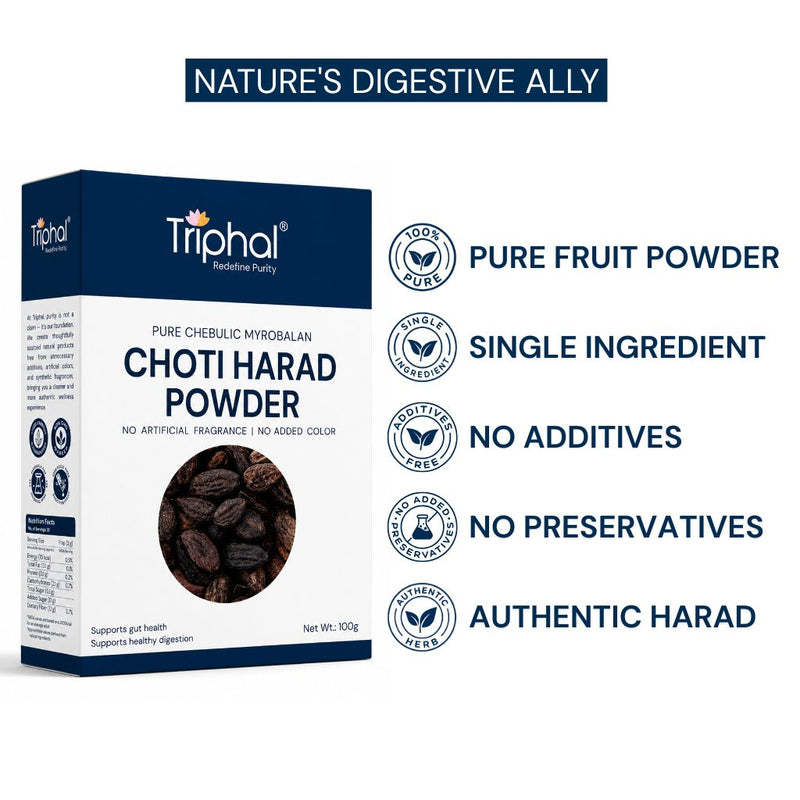 Triphal Choti Harad Powder with pure fruit and no additives.