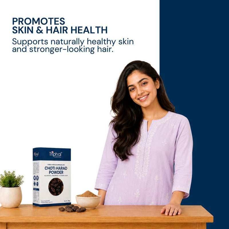 Triphal Choti Harad Powder for skin, hair and wellness.