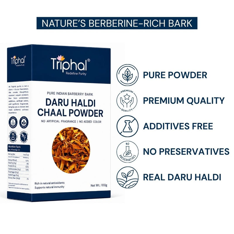 Triphal Daru Haldi Powder Pure, premium-quality with no additives or preservatives.