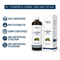 Triphal Dia Support Juice ISO, GMP certified — pure Ayurvedic formula with no artificial ingredients