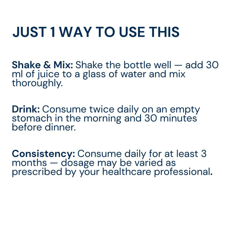 How to use Triphal Dia Support Juice — shake, mix 30ml in water, drink twice daily