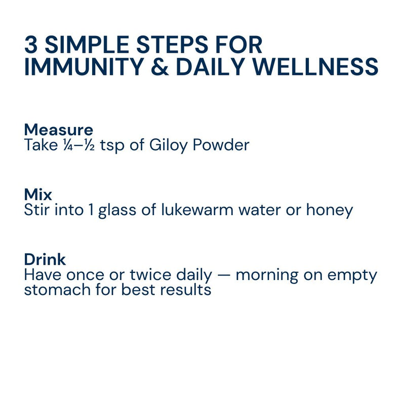 How to use Triphal Giloy Powder — quarter to half tsp in lukewarm water or honey, once or twice daily on empty stomach