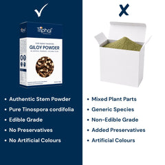 Triphal Giloy Powder vs ordinary brands — authentic stem powder, pure Tinospora cordifolia, edible grade, no preservatives