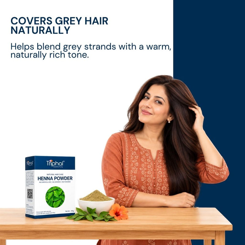 Henna naturally blends grey strands with a warm, rich tone.