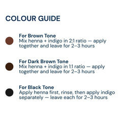 Choose desired brown or black tones by combining henna and indigo thoughtfully at home.