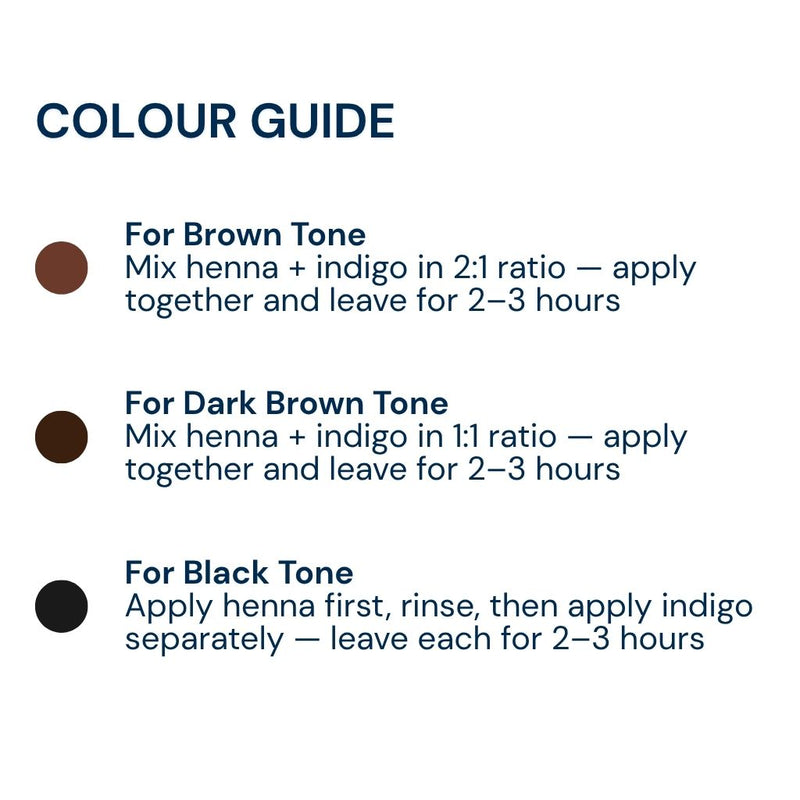 Choose desired brown or black tones by combining henna and indigo thoughtfully at home.