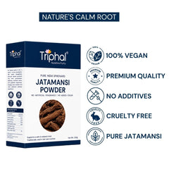 Triphal Jatamansi Powder featuring premium quality, pure Jatamansi, vegan and cruelty-free formulation.