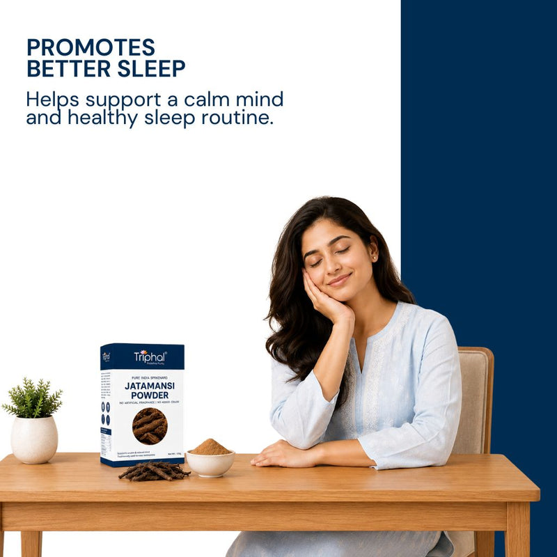 Triphal Jatamansi Powder for natural sleep quality, relaxation, and restful night daily