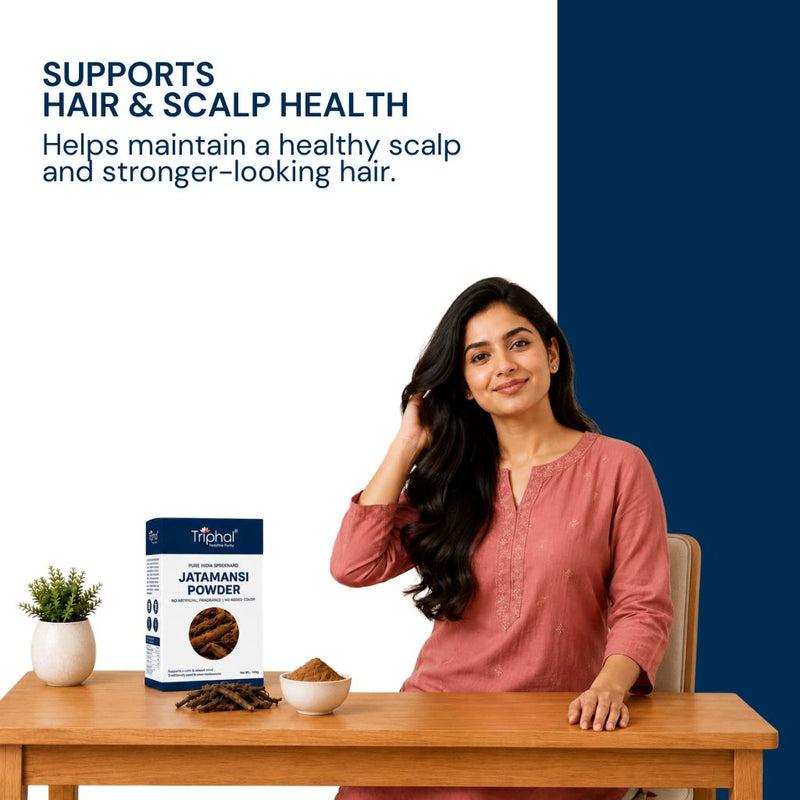 Triphal Jatamansi Powder for natural hair growth, scalp nourishment, and hair wellness