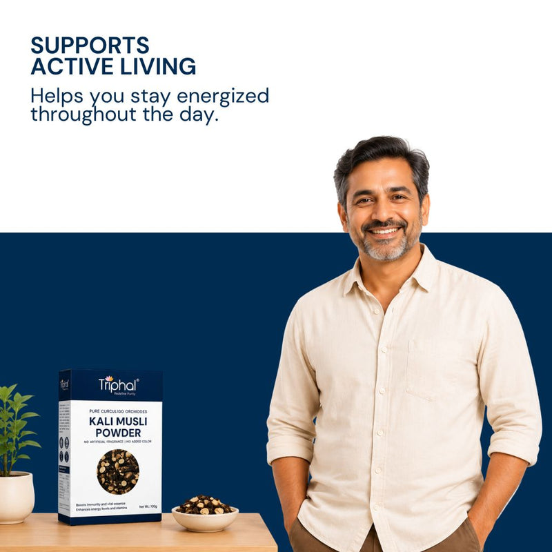 Triphal Kali Musli Powder boosting natural energy, stamina, and physical endurance
