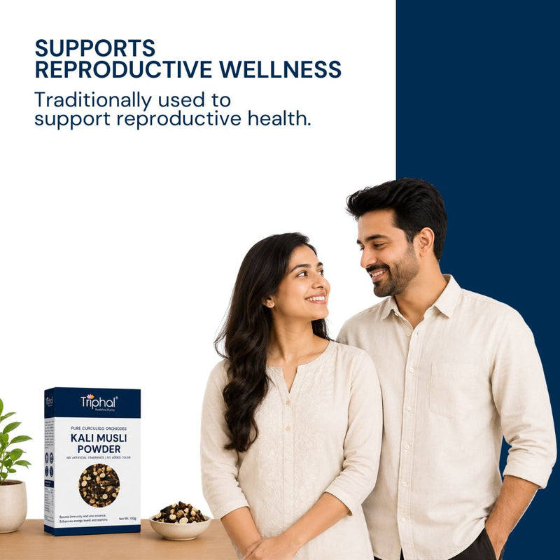 Triphal Kali Musli Powder supporting natural male fertility and reproductive health