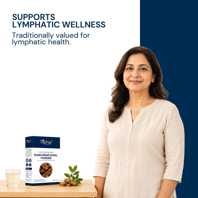 Triphal Kanchnar Chaal Powder with a woman highlighting traditional lymphatic wellness support