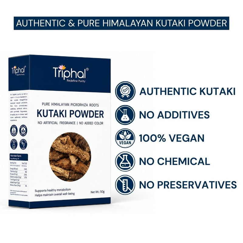 Triphal Kutaki Powder 50g box, authentic Himalayan Picrorhiza root, vegan and chemical-free