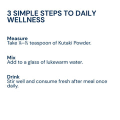 Kutaki Powder 3 step usage guide: measure, mix, and drink daily