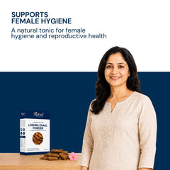 Triphal Lodhra Chaal Powder supporting female hygiene and reproductive wellness with pure Lodhra bark