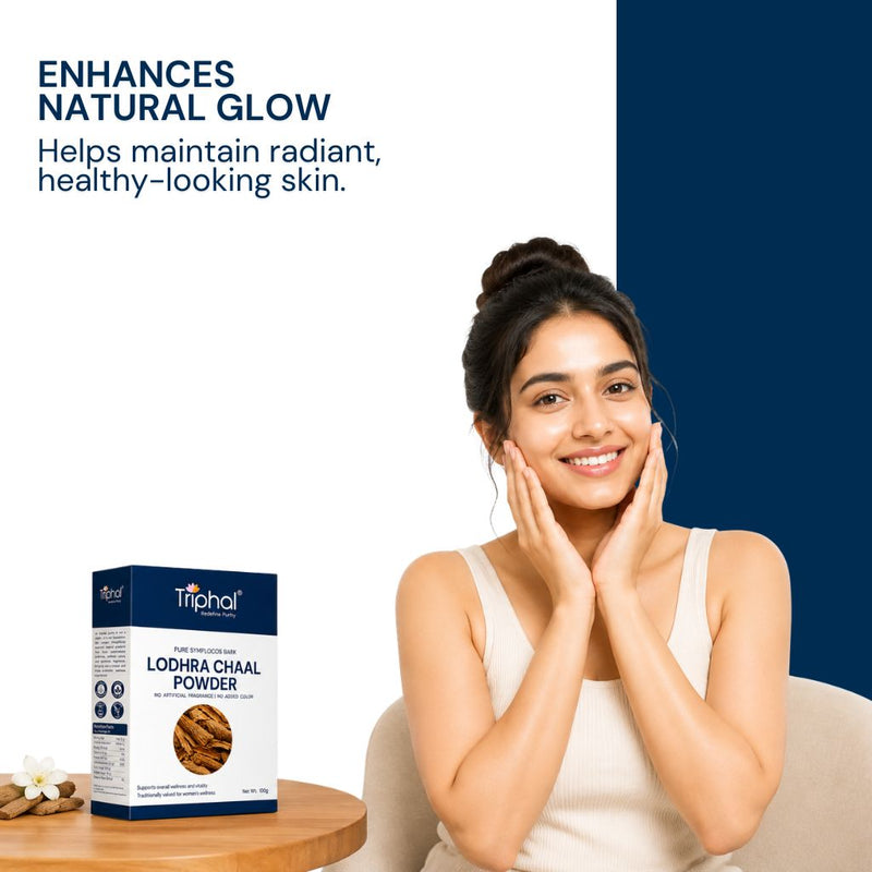 Triphal Lodhra Chaal Powder for natural skin tightening, glow, and anti-aging wellness