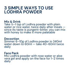 Triphal Lodhra Chaal Powder showing three simple ways to use: mix and drink, decoction, and face pack application