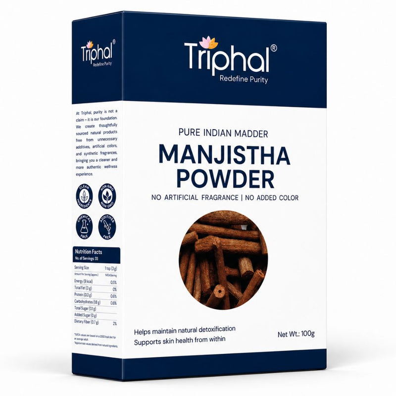 Triphal Manjistha Powder made from pure Rubia cordifolia to support healthy skin and natural detoxification