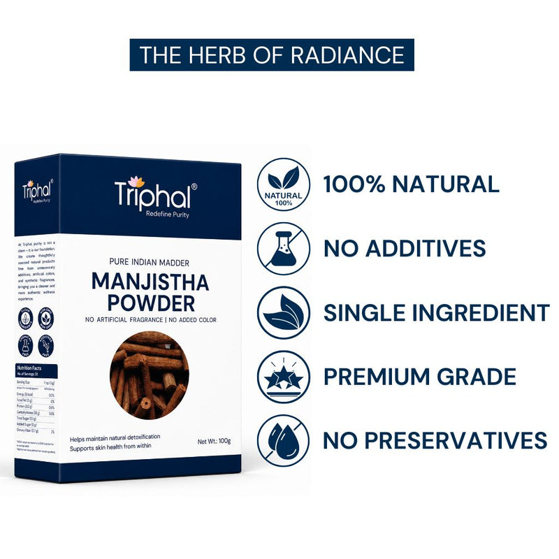 Triphal Manjistha Powder made from 100% pure Manjistha root with no additives or preservatives