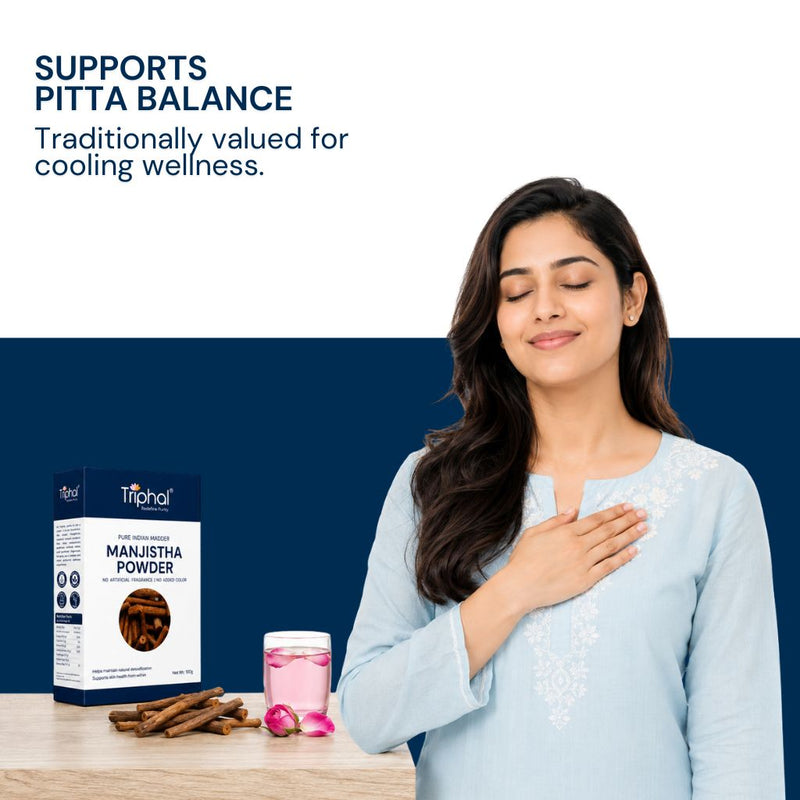 Triphal Manjistha Powder traditionally used to support the body's natural cooling balance