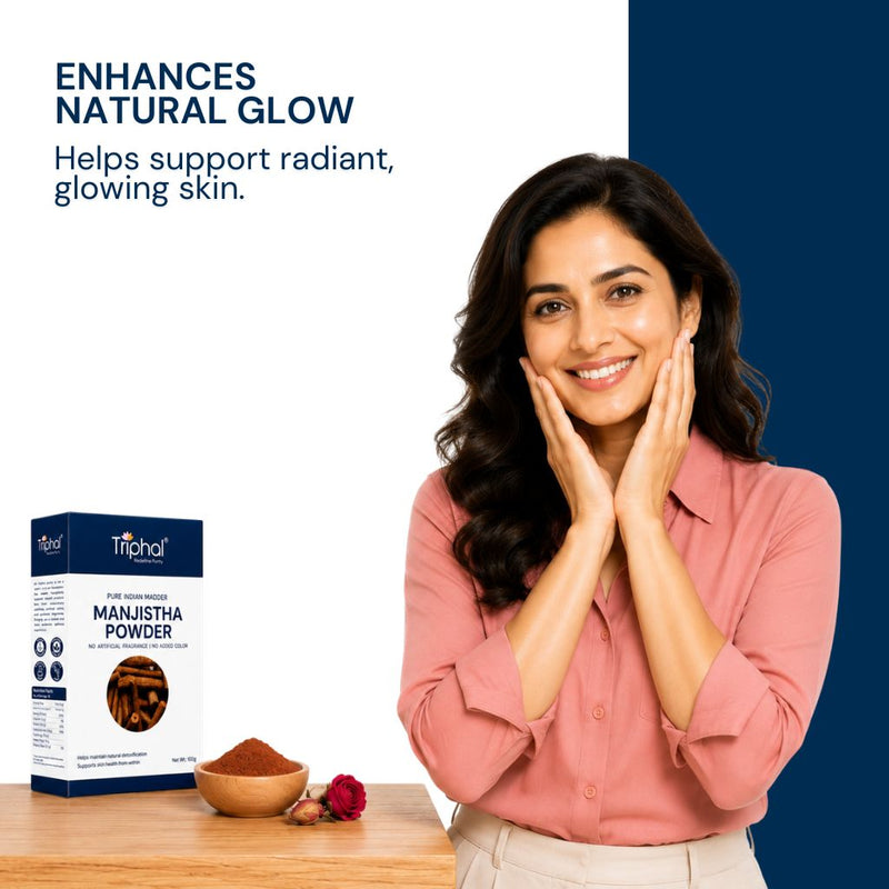 Triphal Manjistha Powder helping support radiant skin and overall beauty from within