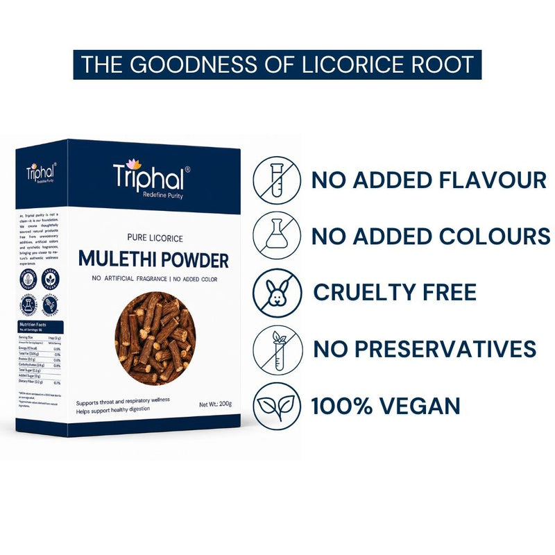 Triphal Mulethi Powder — no added flavour, no added colours, cruelty free, no preservatives, 100% vegan