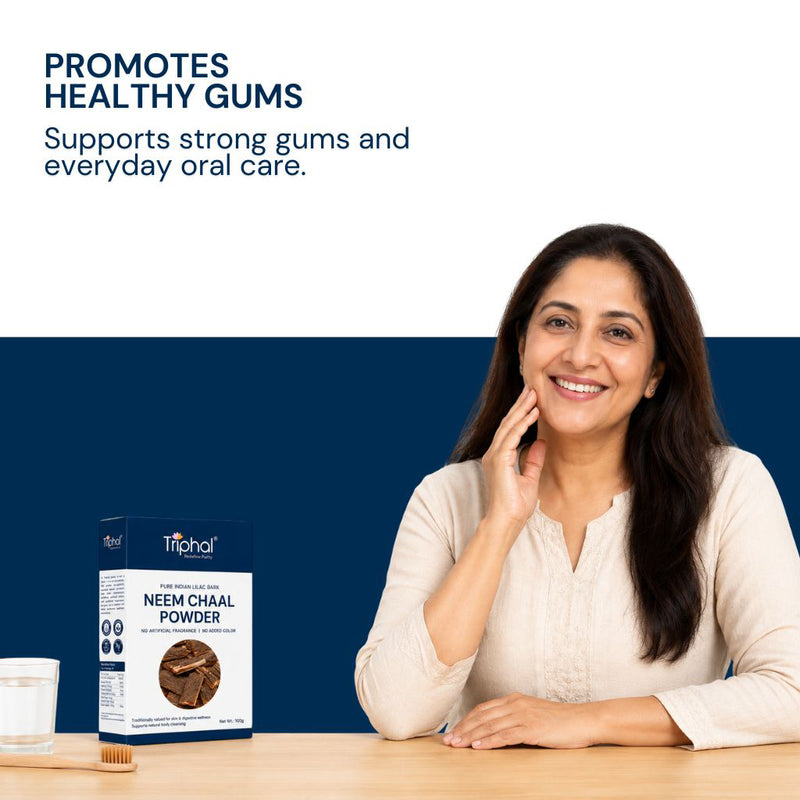 Triphal Neem Chaal Powder for natural oral health, gum wellness, and fresh breath