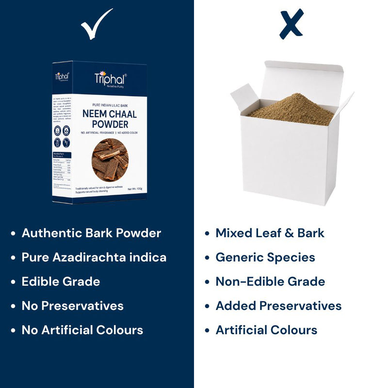 Triphal Neem Chaal Powder vs ordinary brands — authentic bark powder, pure Azadirachta indica, edible grade, no preservatives