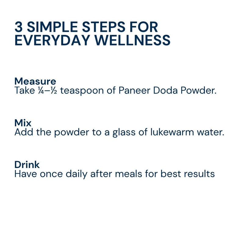 Measure Triphal Paneer Doda Powder, mix with lukewarm water, and enjoy daily after meals as part of your wellness routine