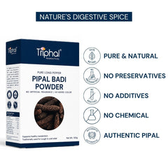 Triphal Pipal Badi Powder showcasing pure, natural Pipal with no preservatives, additives, or chemicals.