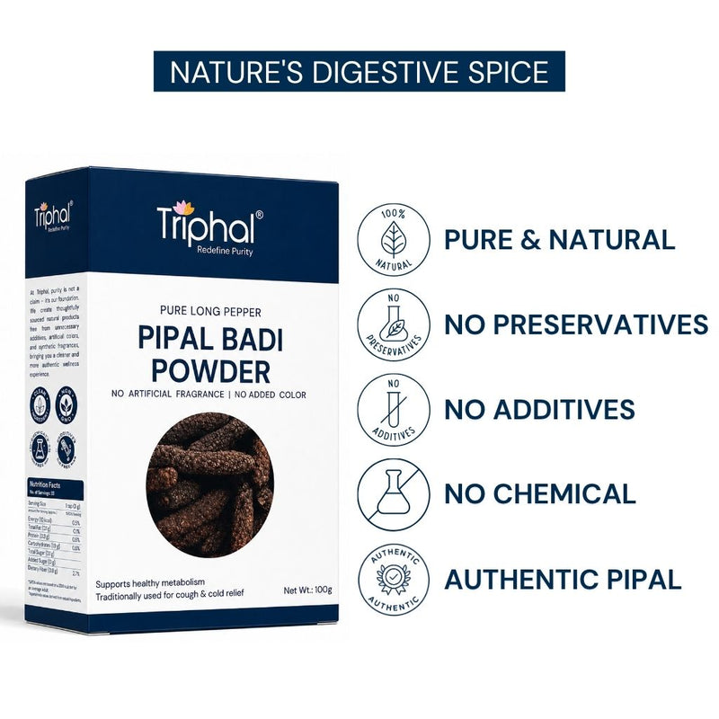 Triphal Pipal Badi Powder showcasing pure, natural Pipal with no preservatives, additives, or chemicals.