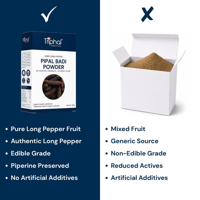 Triphal Pipal Badi Powder vs ordinary brands — pure Piper longum, no fillers, zero adulteration