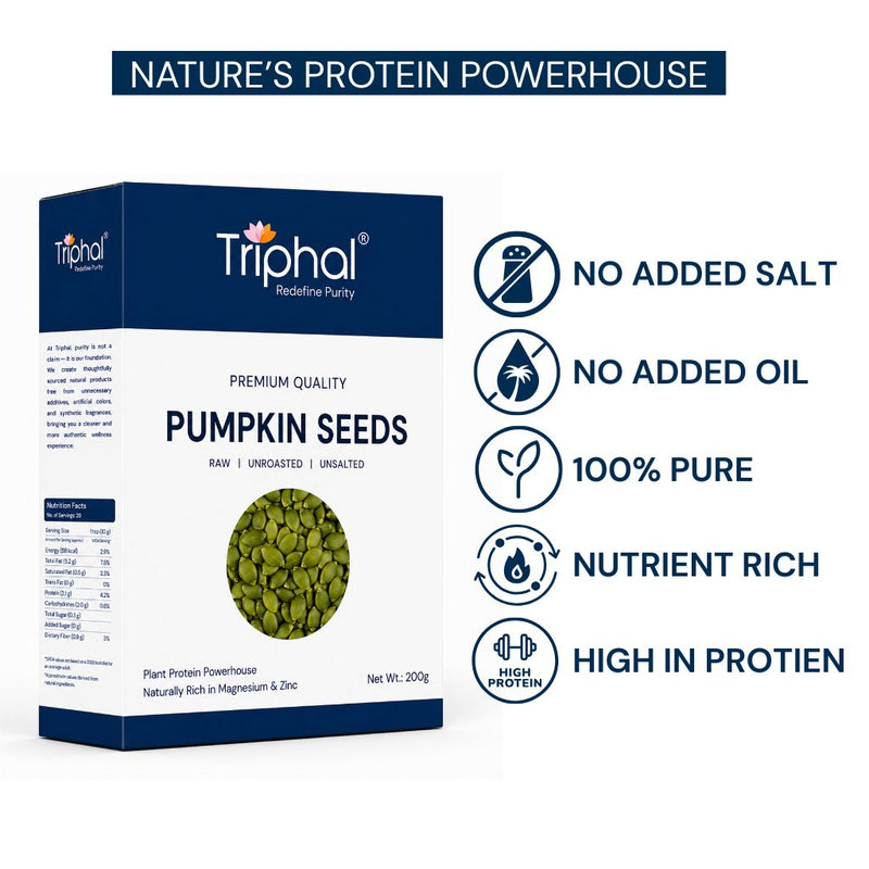 Triphal Pumpkin Seeds highlighting purity, high protein, and nutrient-rich nutrition.