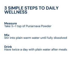 3 simple steps to daily wellness with Triphal Punarnava Powder — measure, mix in warm water, drink twice after meals