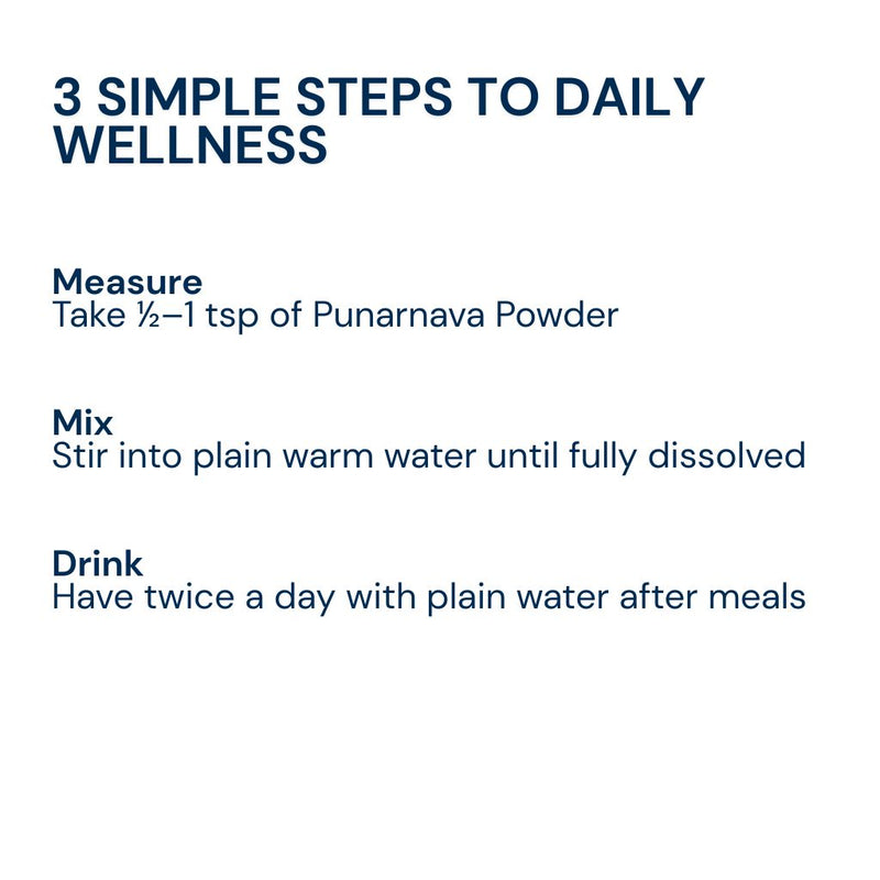 3 simple steps to daily wellness with Triphal Punarnava Powder — measure, mix in warm water, drink twice after meals