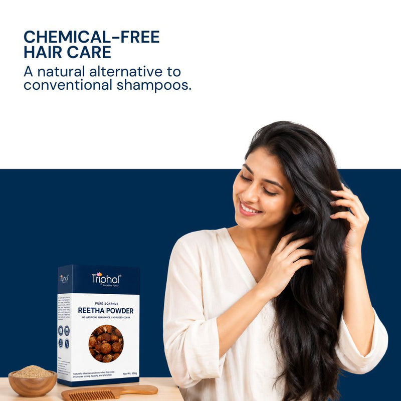 Triphal Reetha Powder — natural chemical free shampoo alternative for hair cleansing