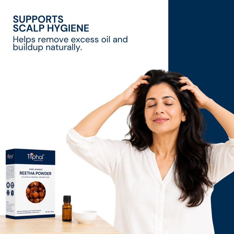 Woman massaging scalp with Triphal Reetha Powder for scalp hygiene and cleansing