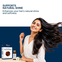Woman with shiny flowing hair using Triphal Reetha Powder for natural shine and softness