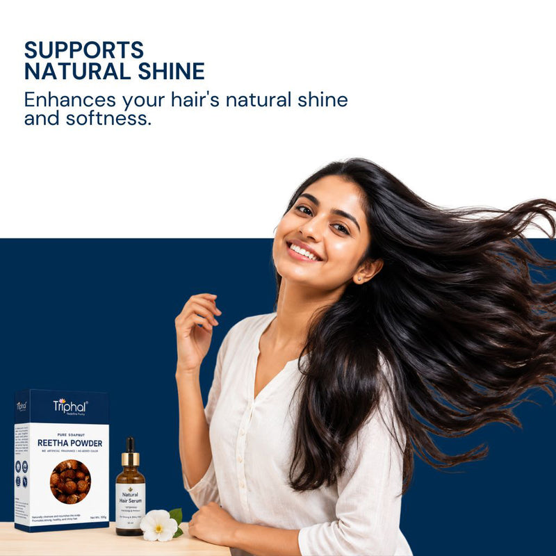Woman with shiny flowing hair using Triphal Reetha Powder for natural shine and softness