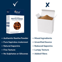 Triphal Reetha Powder vs ordinary brands — pure Sapindus mukorossi, natural saponins, no sulphates

