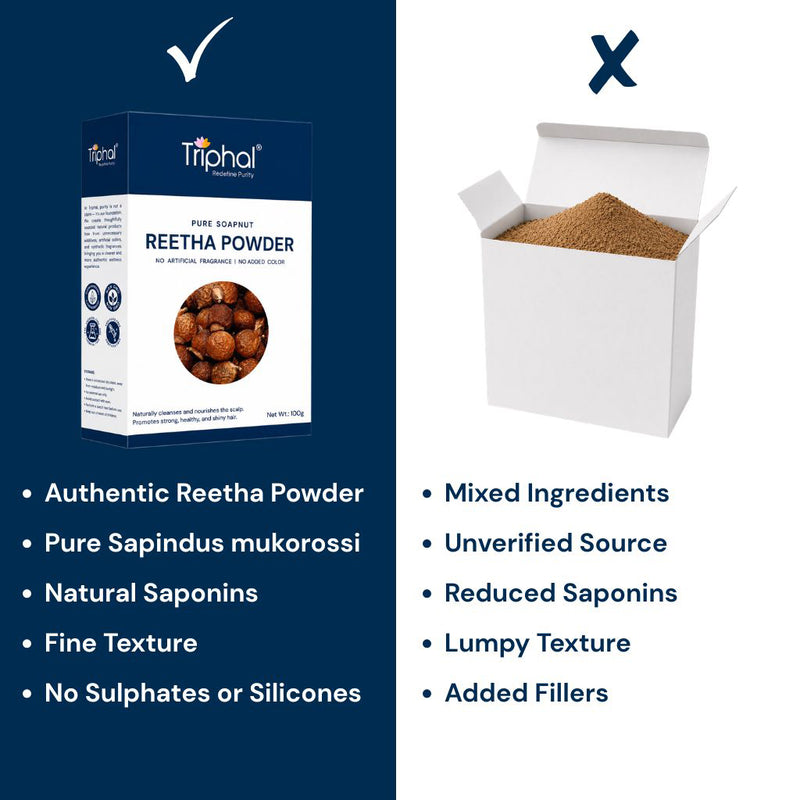 Triphal Reetha Powder vs ordinary brands — pure Sapindus mukorossi, natural saponins, no sulphates
