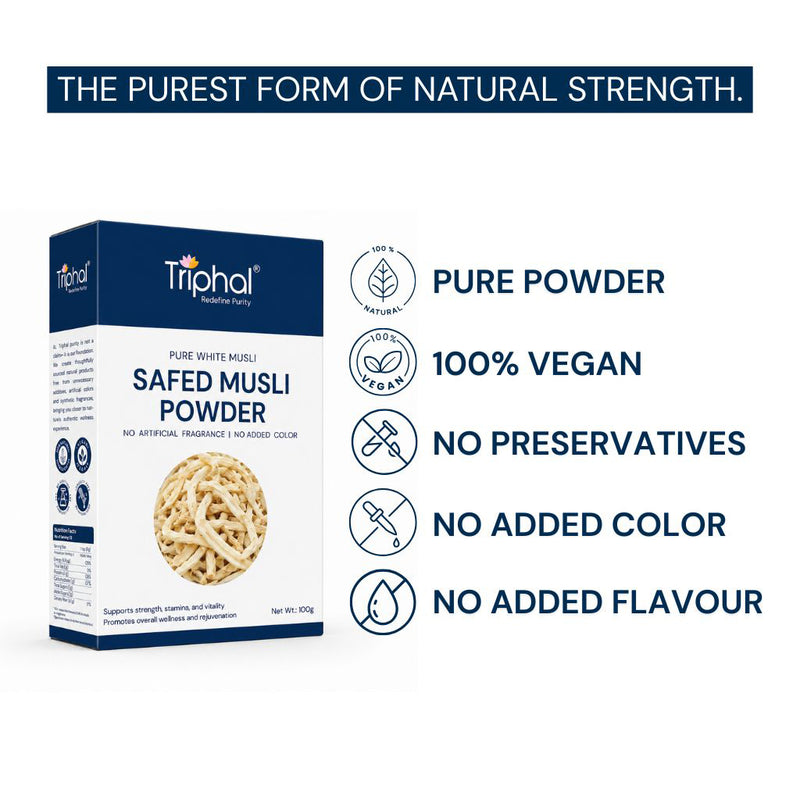 Triphal Pure White Musli Safed Musli Powder 100g — 100% vegan, no preservatives, no added colour or flavour, purest form of natural strength