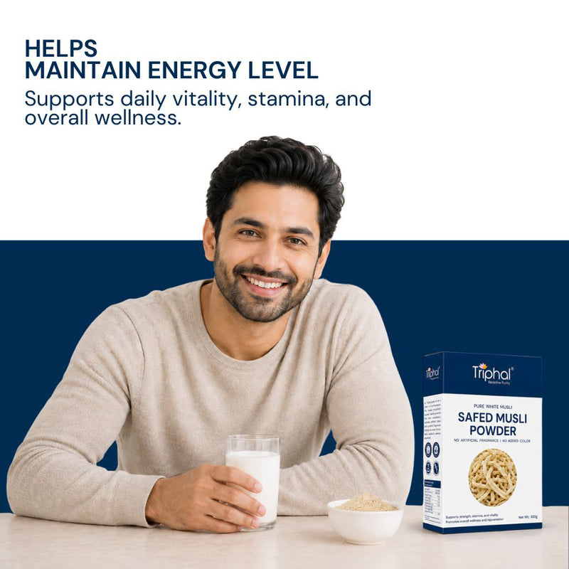 Triphal Safed Musli Powder boosting natural energy, stamina, and physical endurance