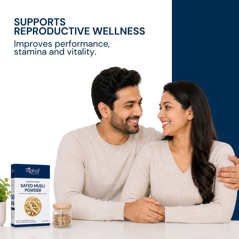 Triphal Safed Musli Powder — supports reproductive wellness, performance, stamina, and vitality for couples